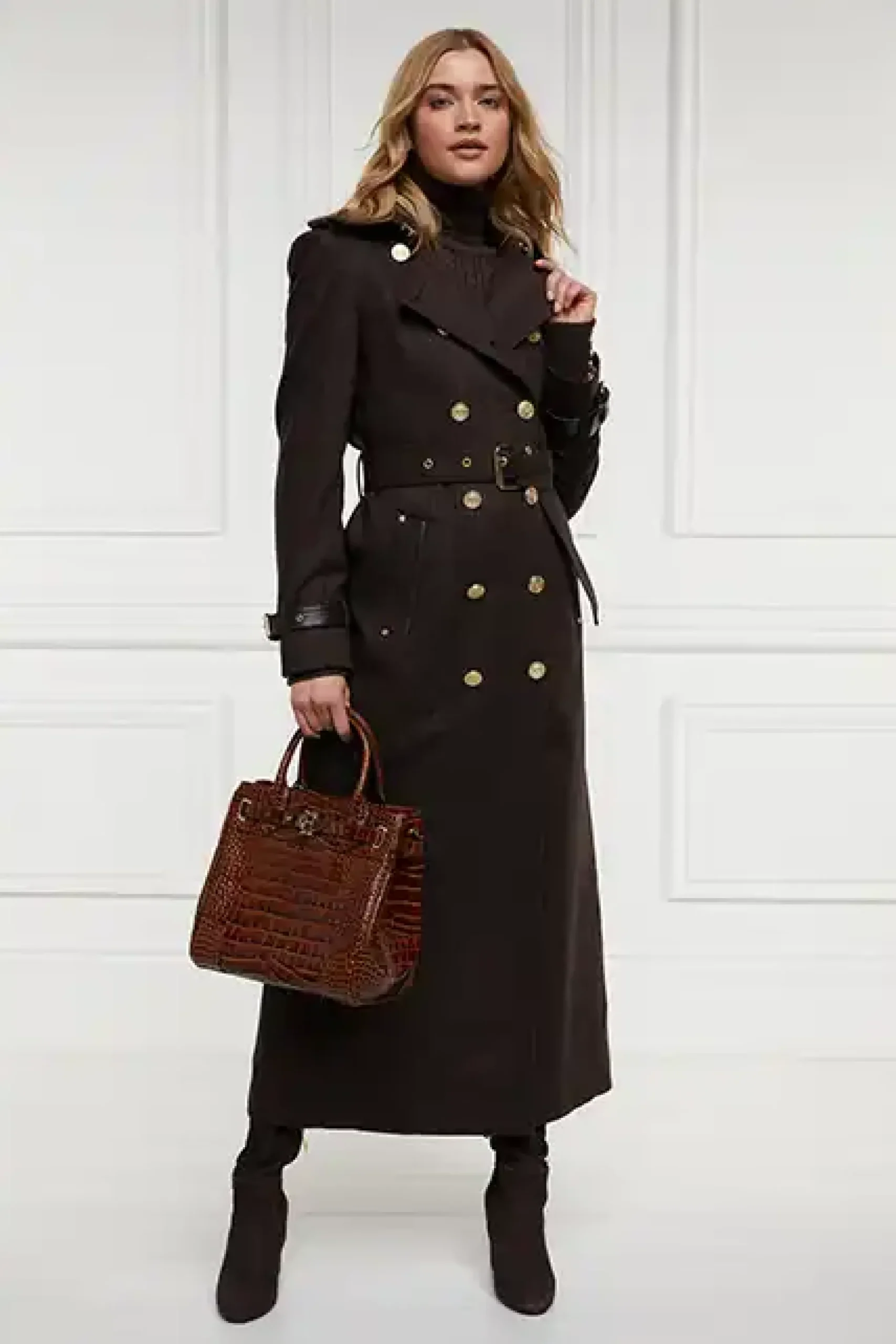 Holland Cooper Full Length Marlborough Trench Coat Chocolate Herringbone New