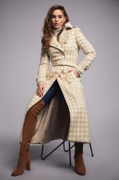 Holland Cooper Full Length Marlborough Trench Coat Camel Houndstooth Best