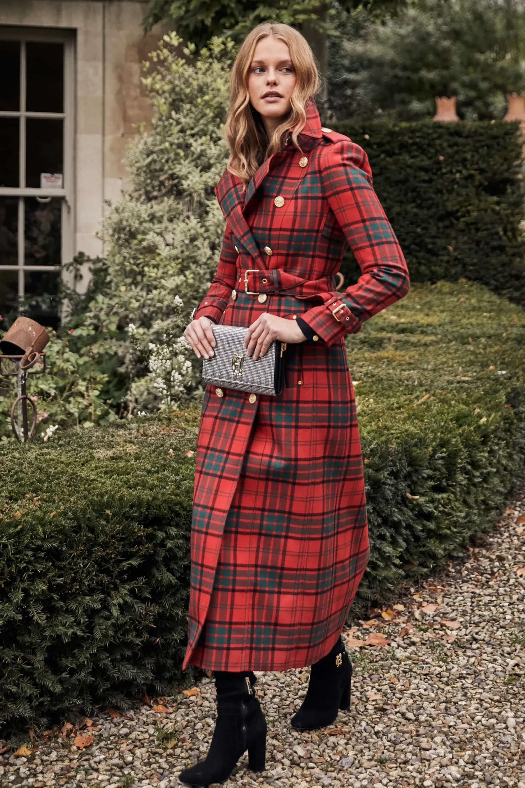 Holland Cooper Full Length Marlborough Trench Coat Red Tartan Discount