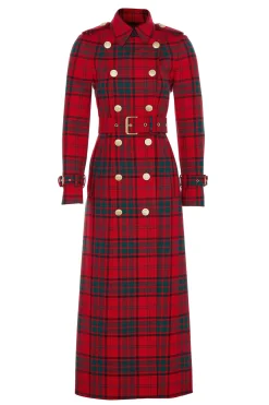 Holland Cooper Full Length Marlborough Trench Coat Red Tartan Discount
