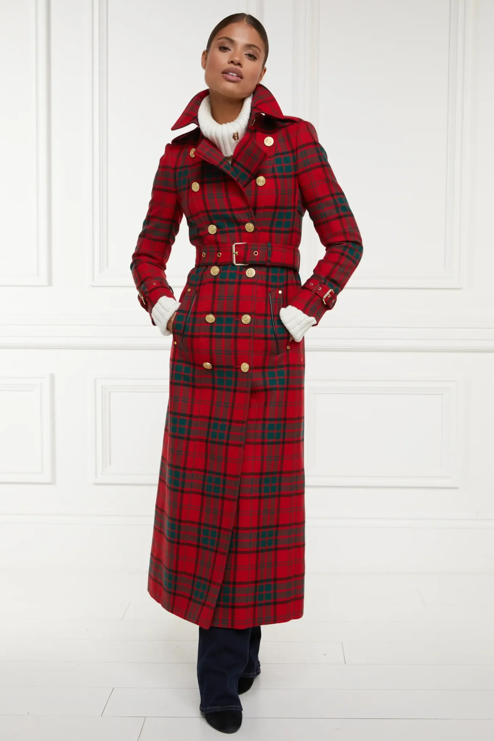Holland Cooper Full Length Marlborough Trench Coat Red Tartan Discount