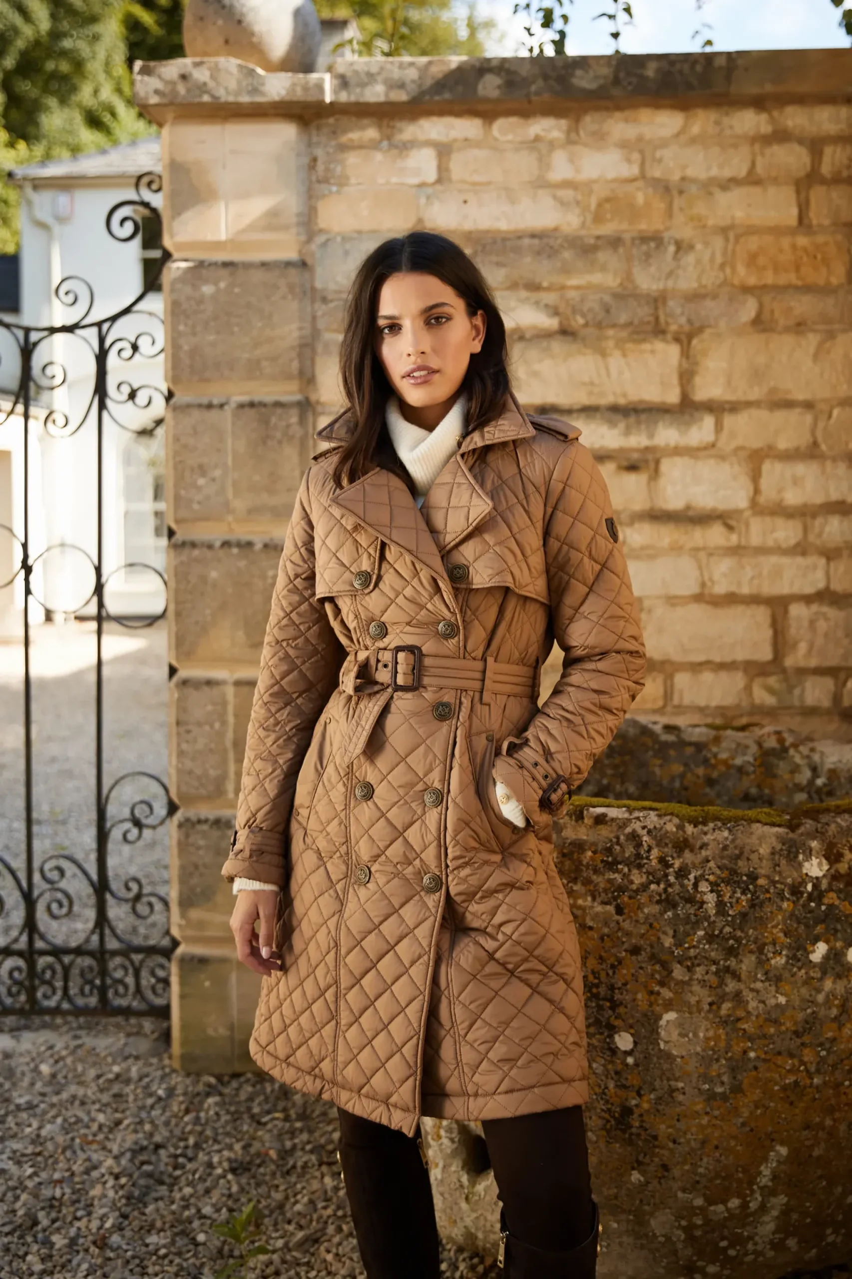 Holland Cooper Grayson Quilted Trench Coat Coffee Discount