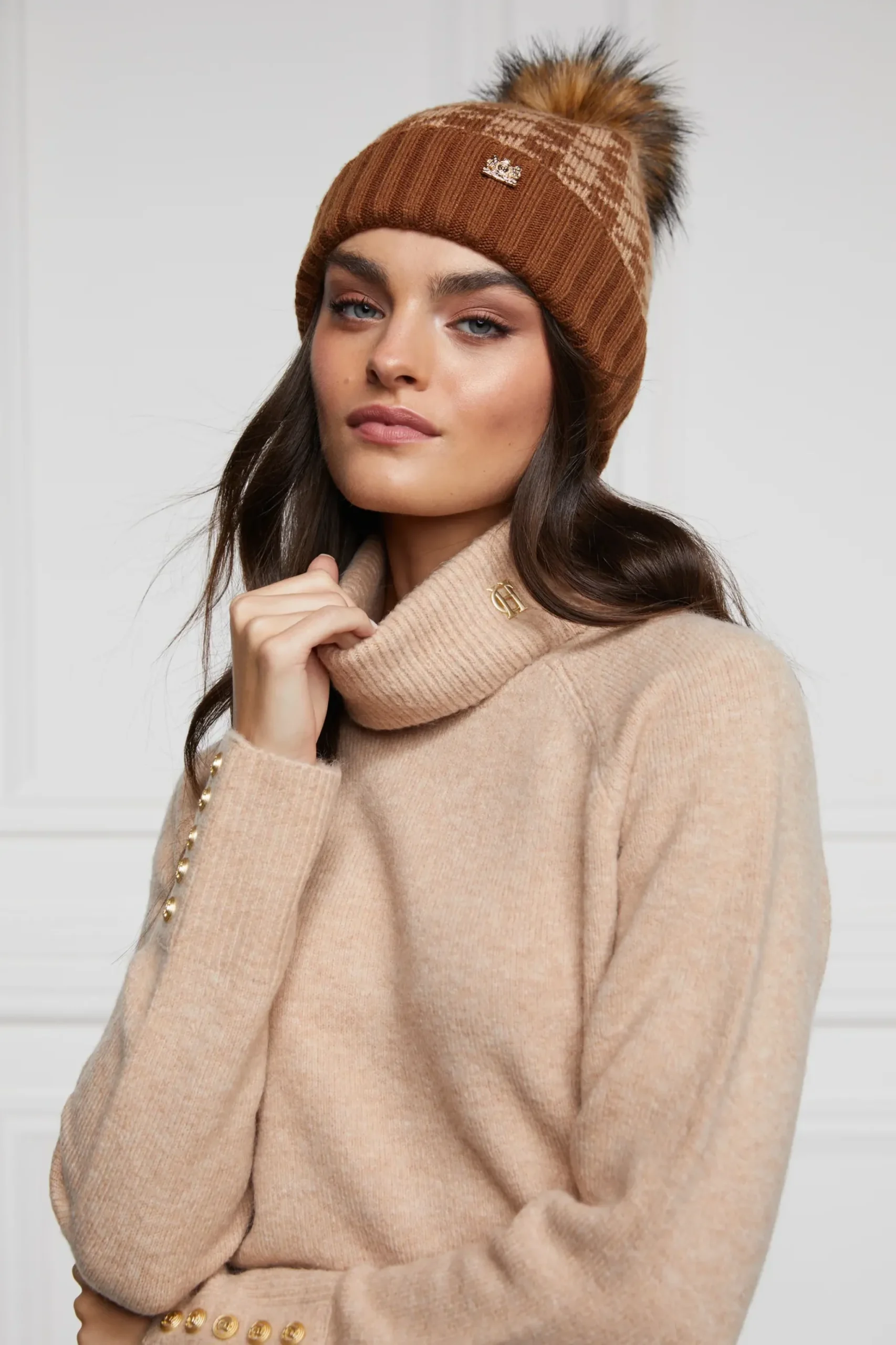 Holland Cooper Heritage Bobble Hat Toffee Houndstooth New