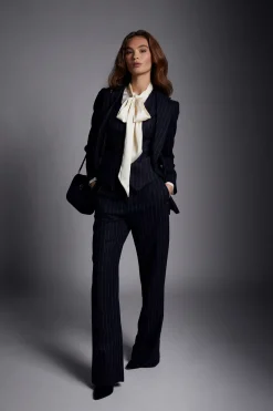 Holland Cooper High Waisted Straight Trouser Navy Chalk Pin Stripe Best