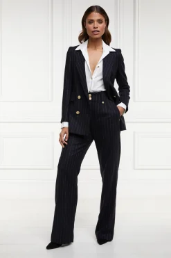 Holland Cooper High Waisted Straight Trouser Navy Chalk Pin Stripe Best