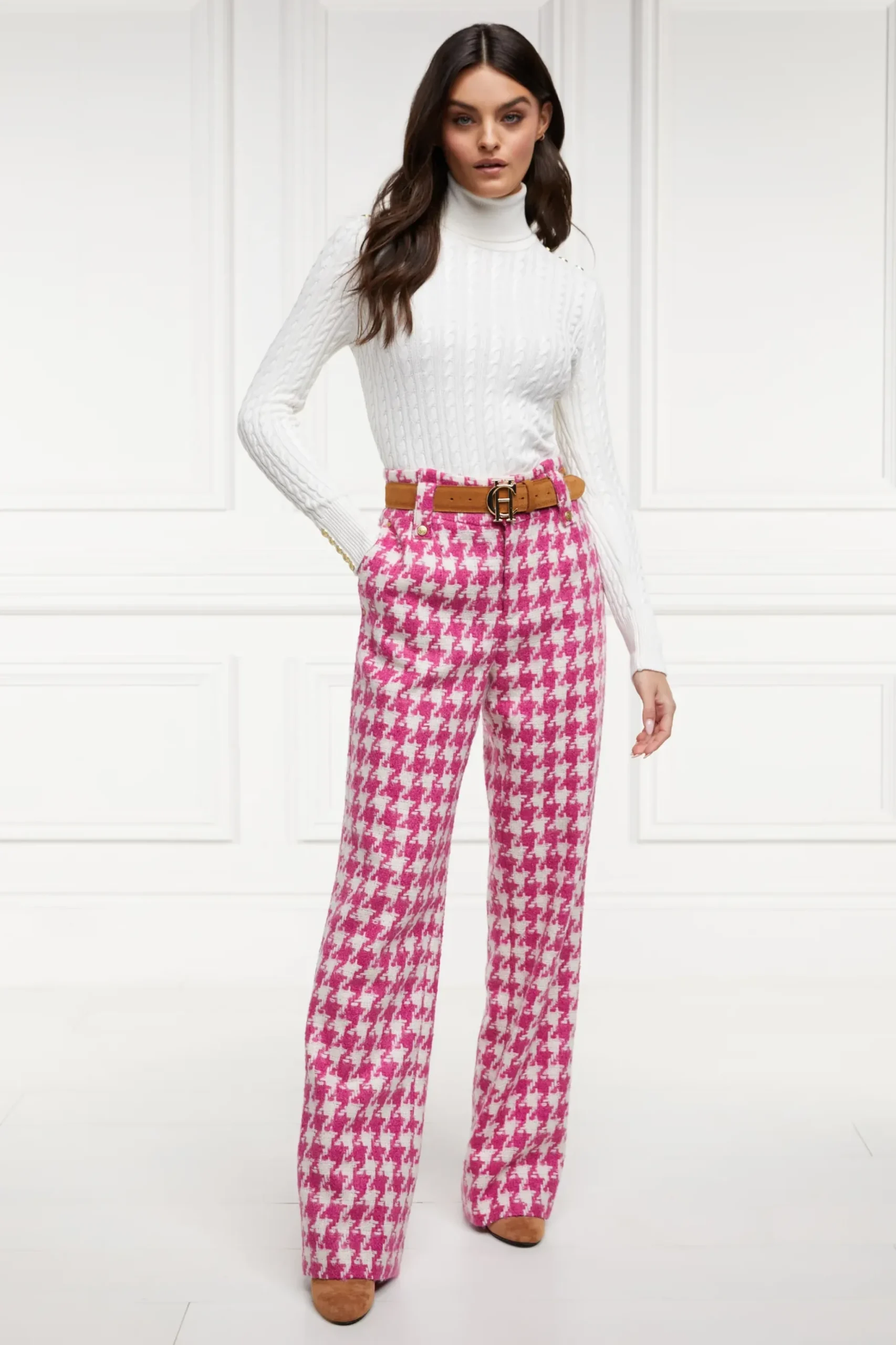 Holland Cooper High Waisted Straight Trouser Hot Pink Large Scale Houndstooth