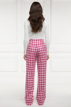 Holland Cooper High Waisted Straight Trouser Hot Pink Large Scale Houndstooth