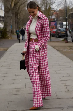Holland Cooper High Waisted Straight Trouser Hot Pink Large Scale Houndstooth