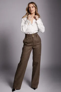 Holland Cooper High Waisted Straight Trouser Large Scale Brown Herringbone New