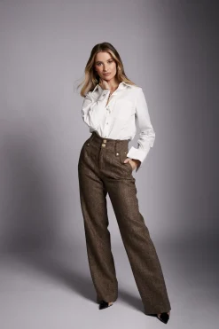 Holland Cooper High Waisted Straight Trouser Large Scale Brown Herringbone New