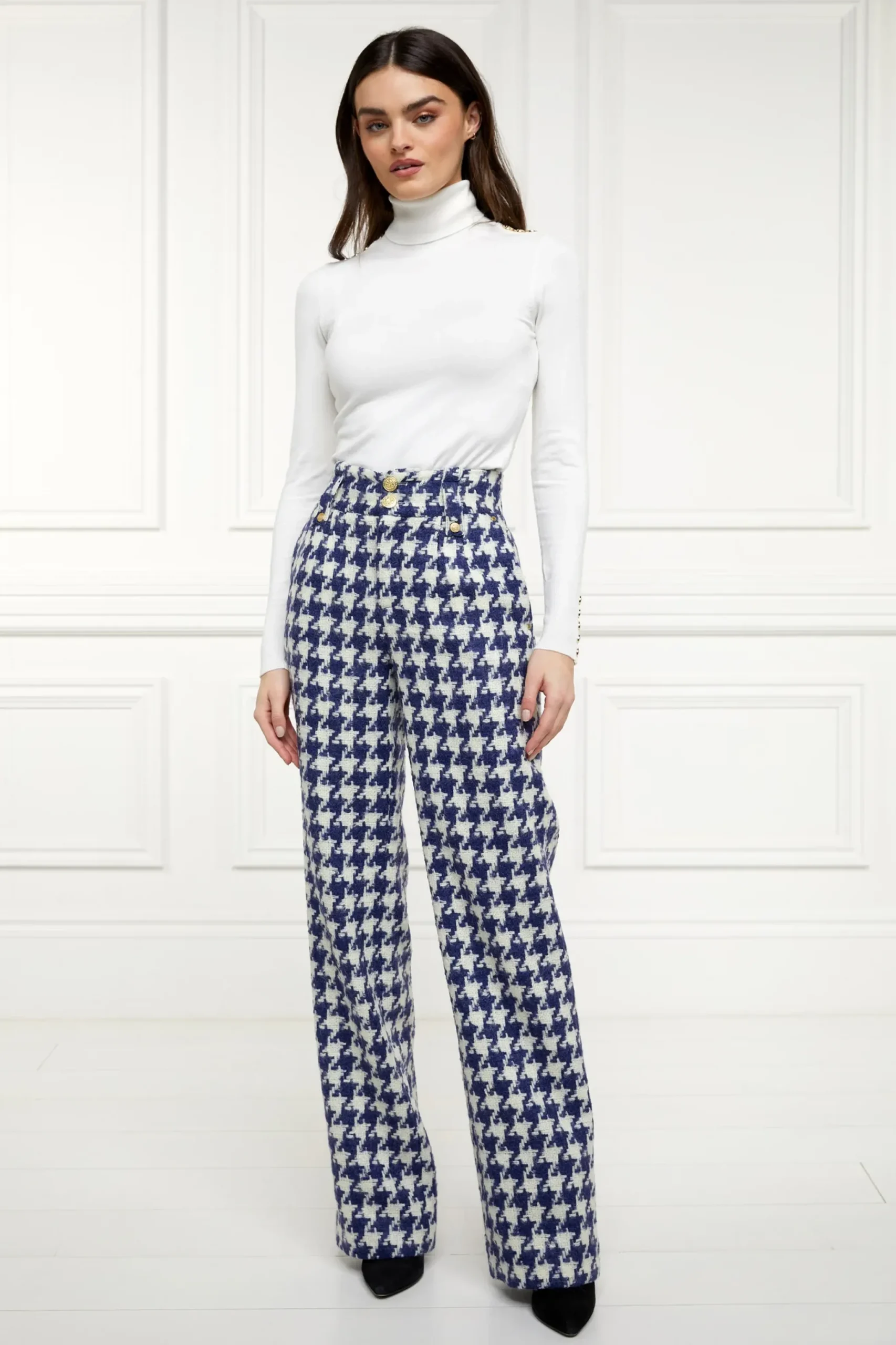 Holland Cooper High Waisted Straight Trouser Large Scale Navy Houndstooth Hot