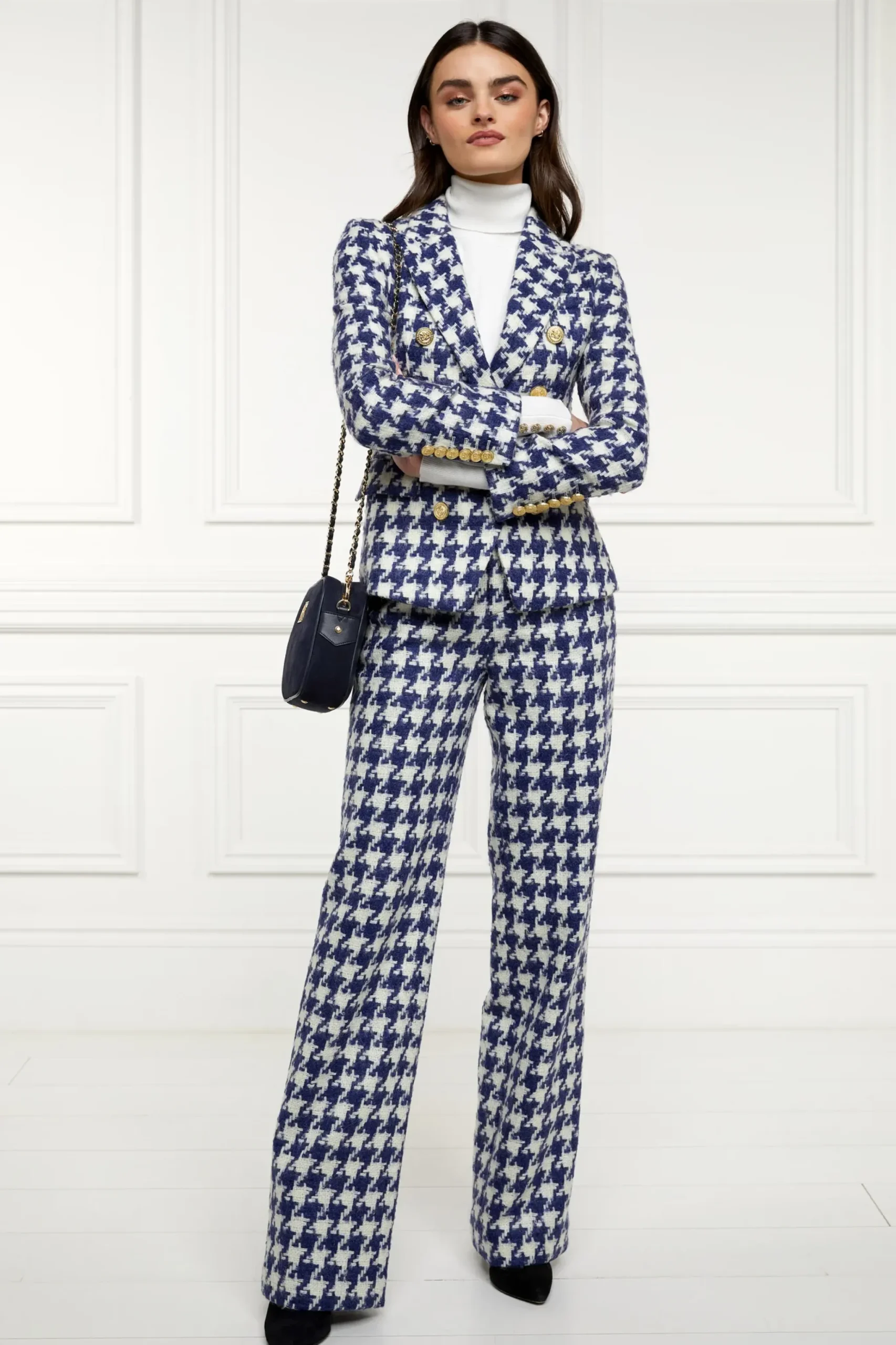 Holland Cooper High Waisted Straight Trouser Large Scale Navy Houndstooth Hot