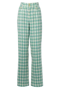 Holland Cooper High Waisted Straight Trouser Large Scale Teal Houndstooth Clearance