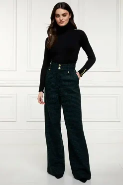 Holland Cooper High Waisted Straight Trouser Emerald Houndstooth Clearance