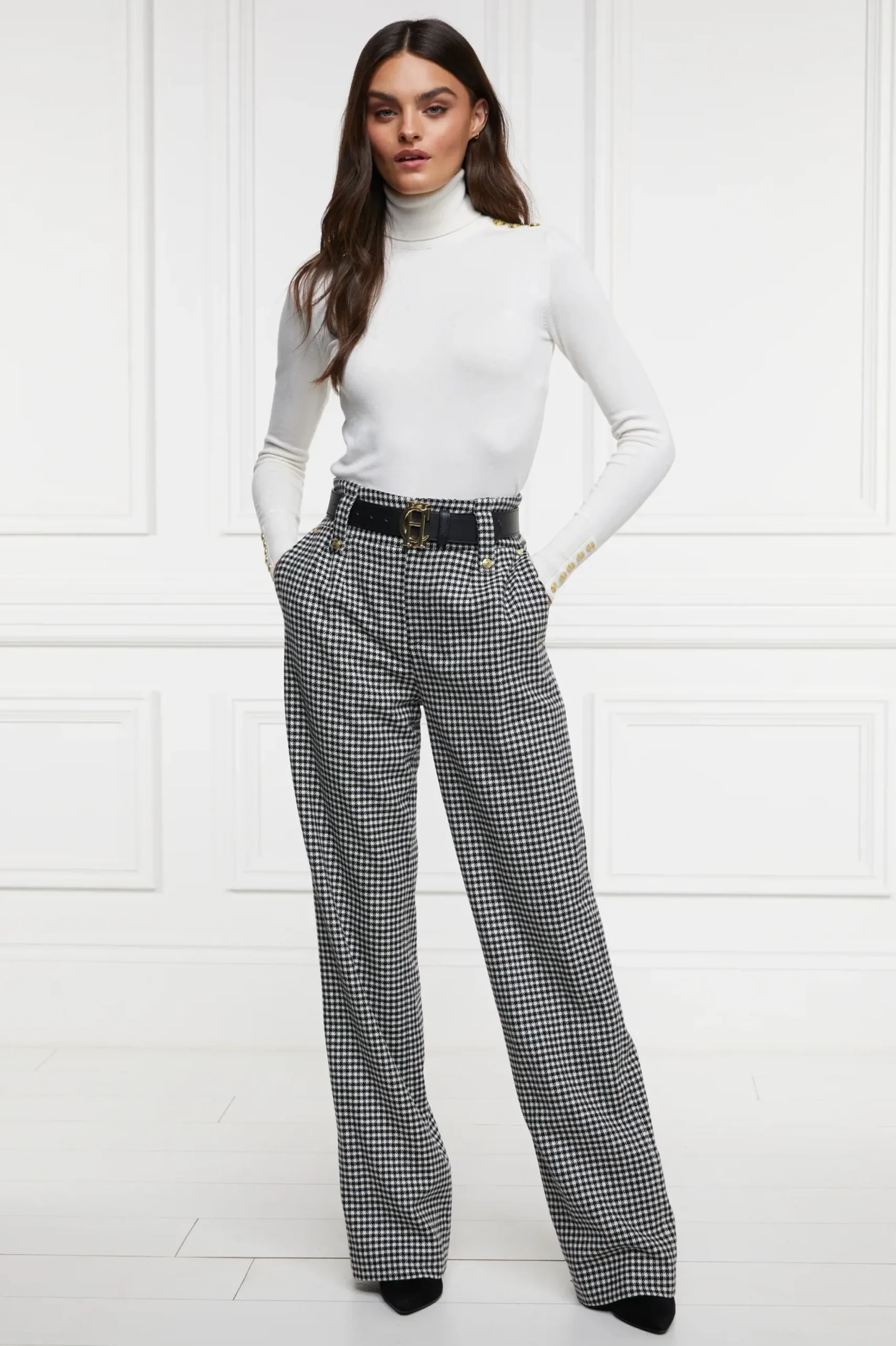 Holland Cooper High Waisted Straight Trouser Black & White Puppy Tooth Outlet