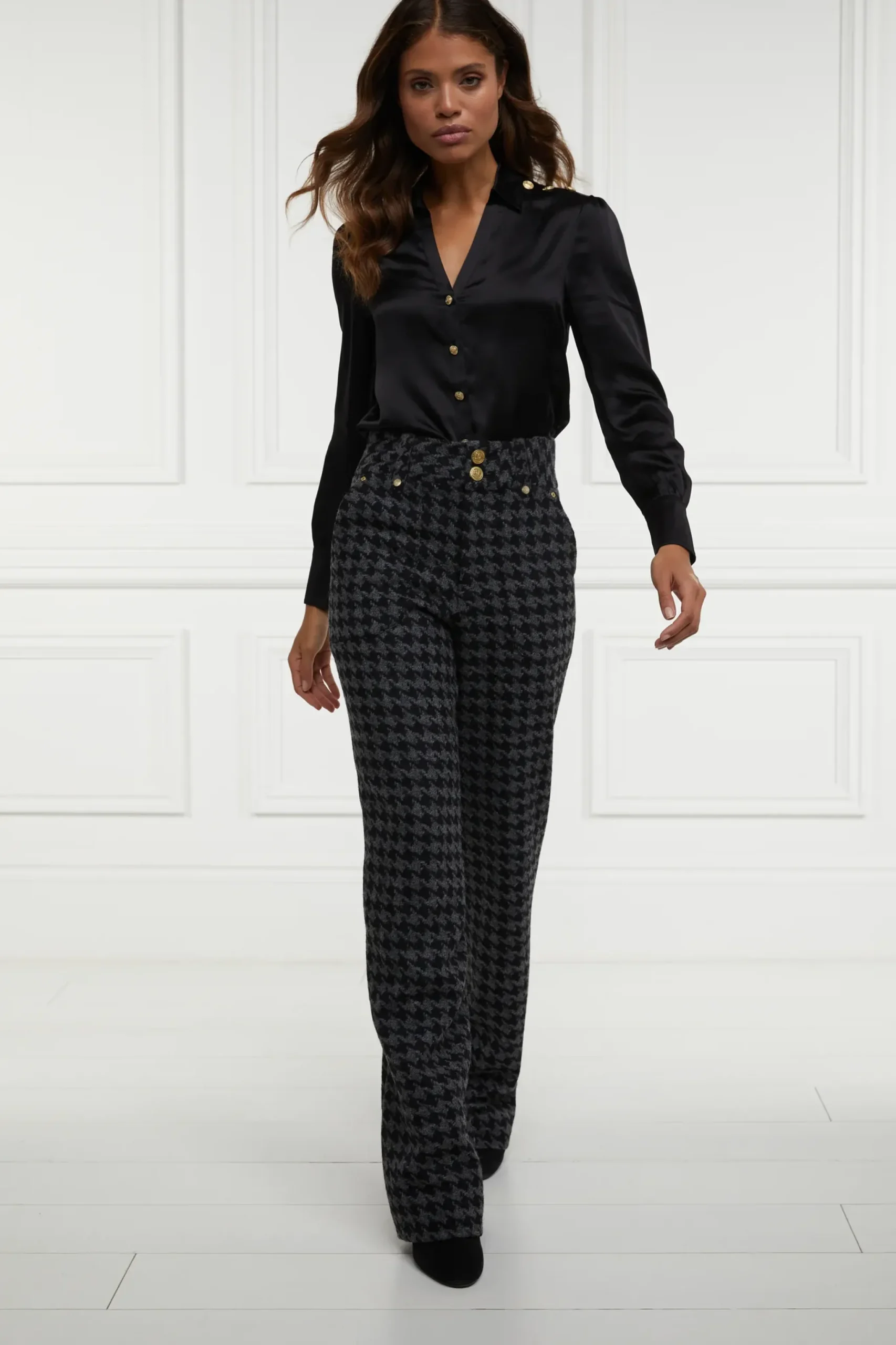 Holland Cooper High Waisted Straight Trouser Large Scale Charcoal Houndstooth Sale