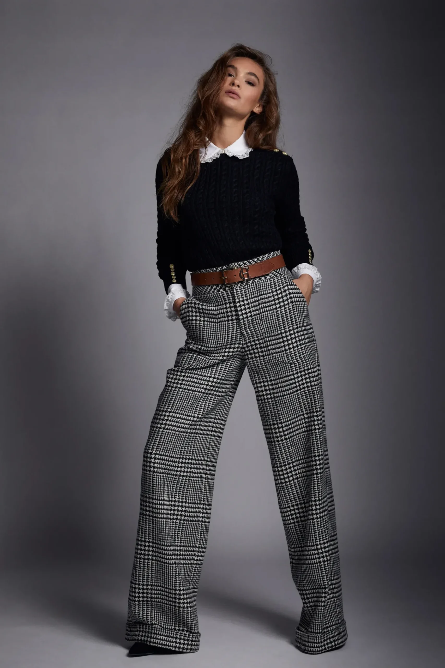 Holland Cooper High Waisted Straight Trouser Large Scale Prince of Wales Mono Discount