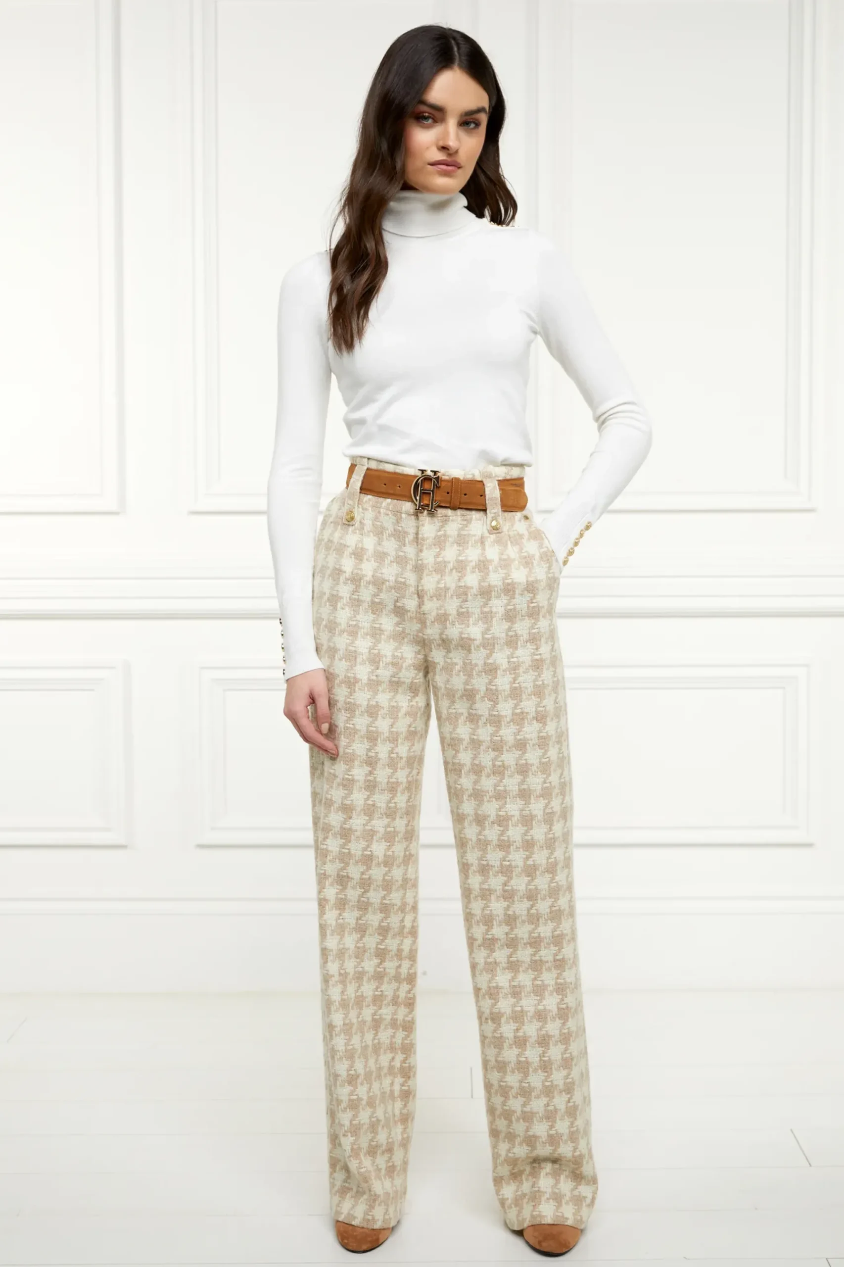 Holland Cooper High Waisted Straight Trouser Camel Houndstooth Discount