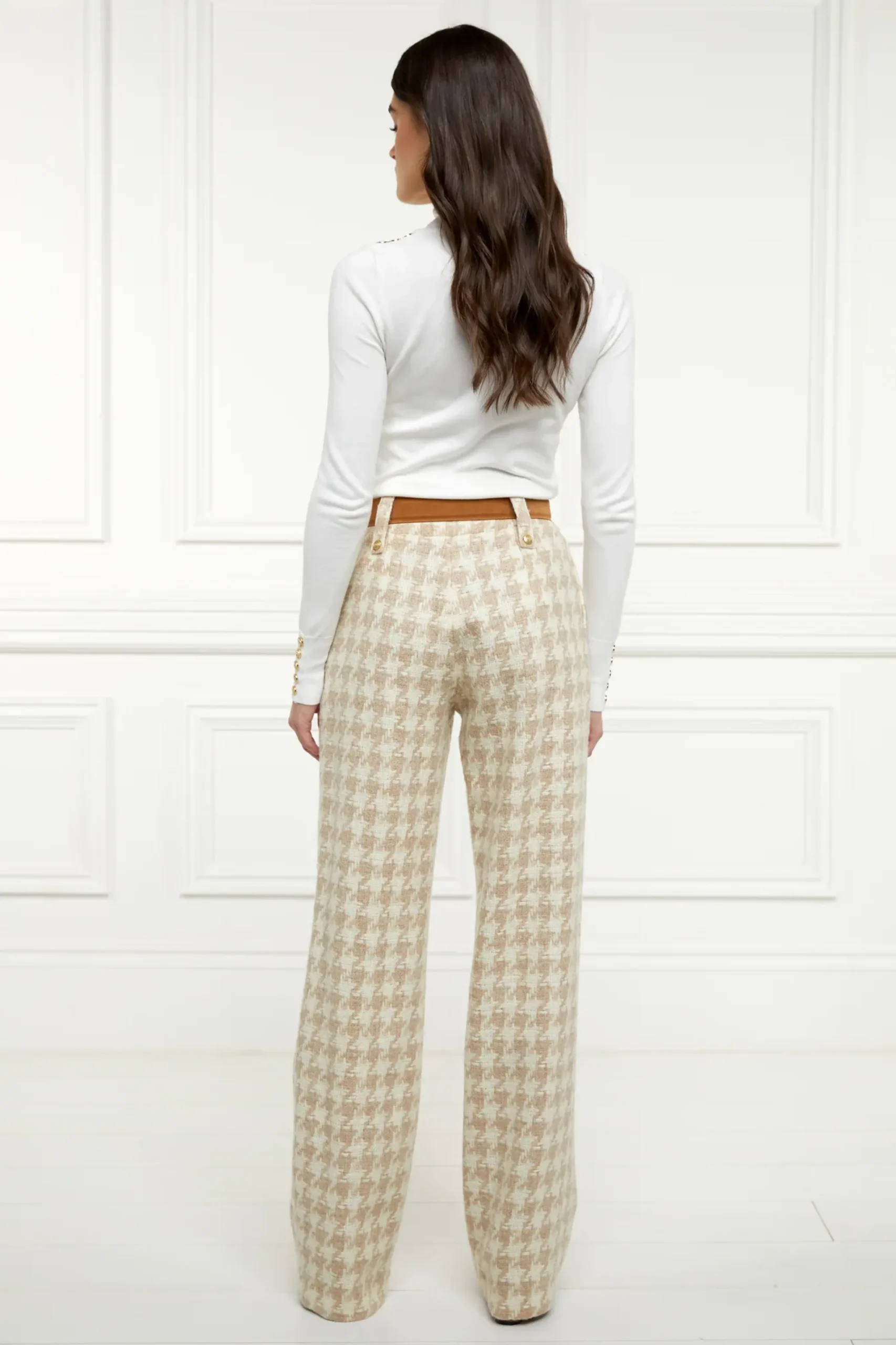 Holland Cooper High Waisted Straight Trouser Camel Houndstooth Discount