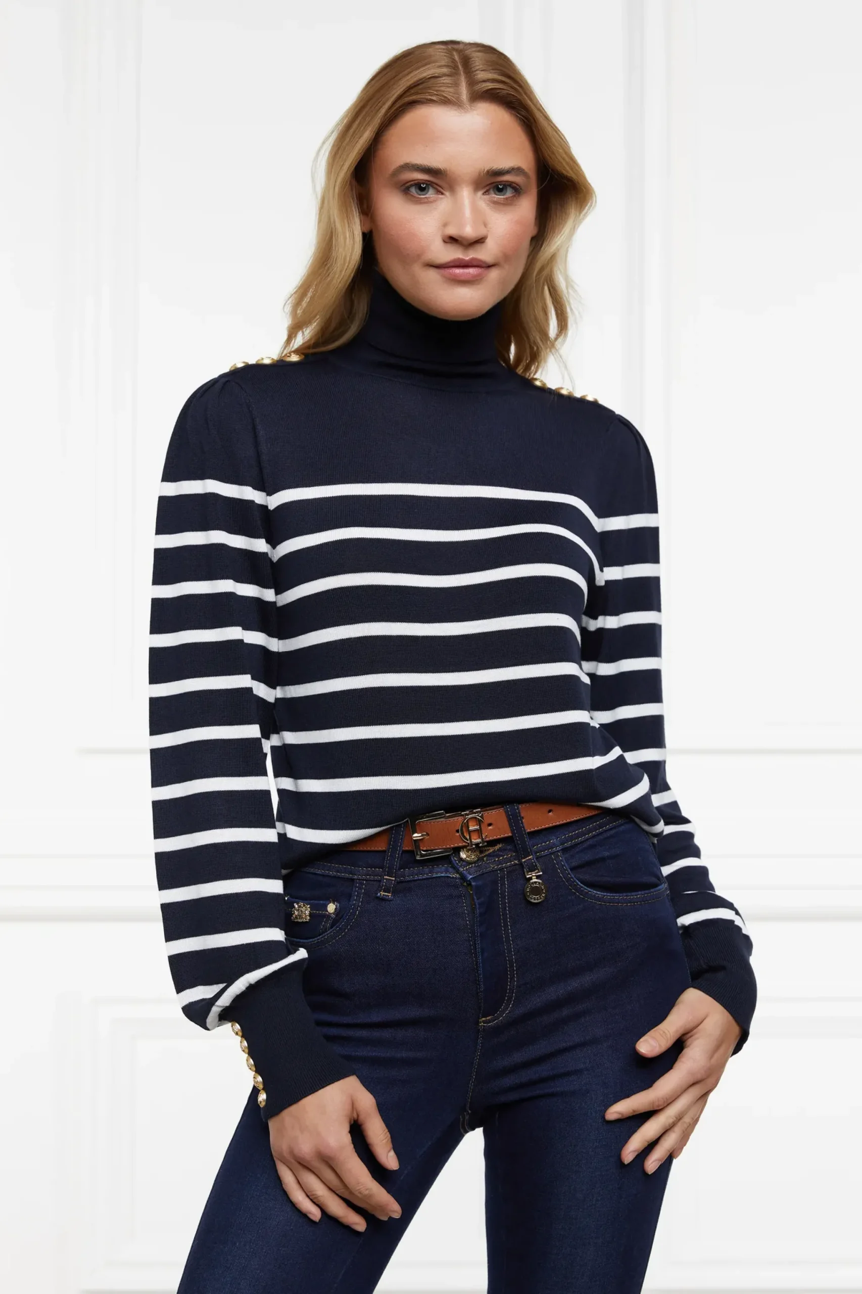 Holland Cooper Kelsie Roll Neck Knit Ink Navy Natural Stripe Hot
