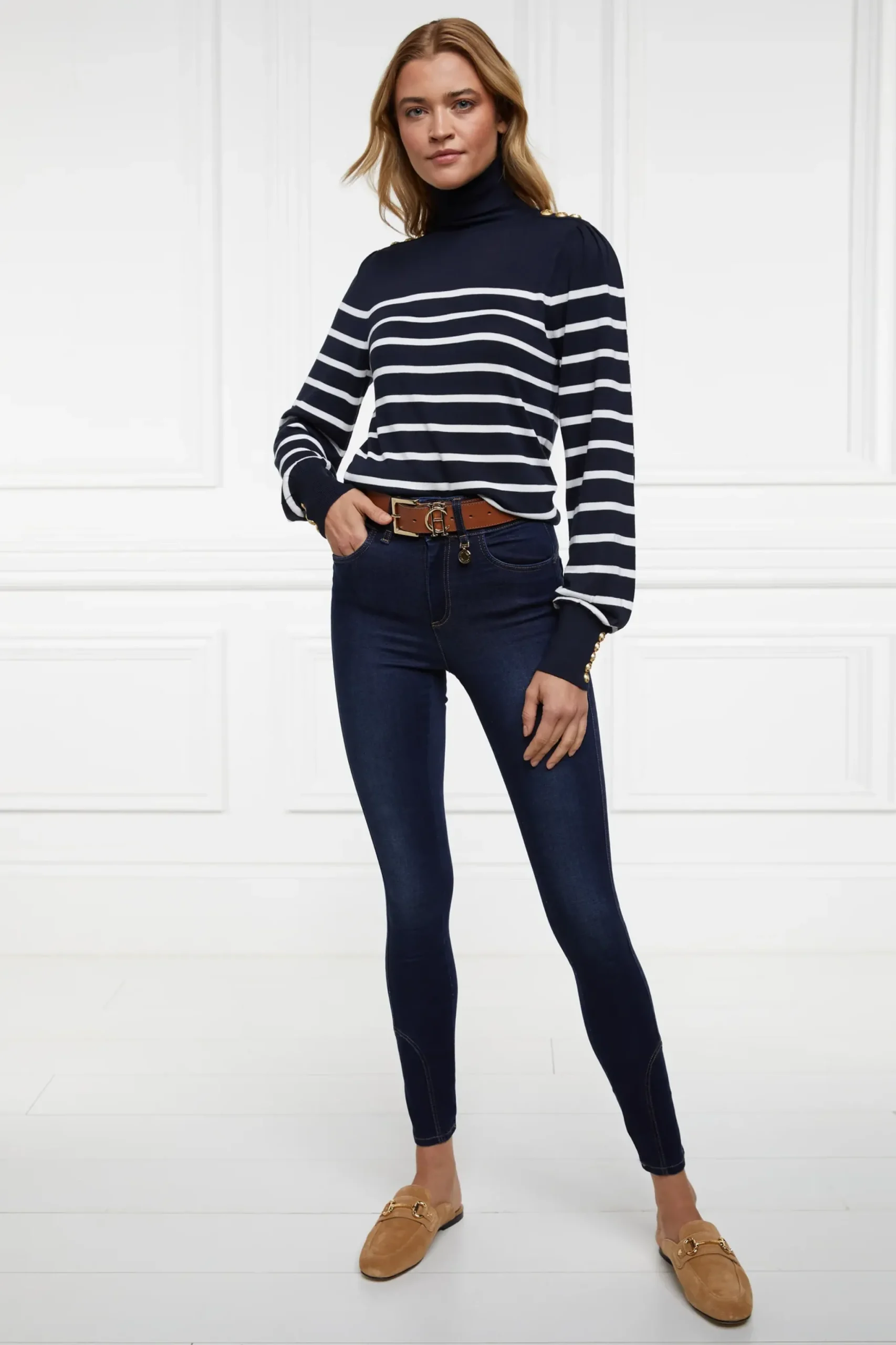 Holland Cooper Kelsie Roll Neck Knit Ink Navy Natural Stripe Hot
