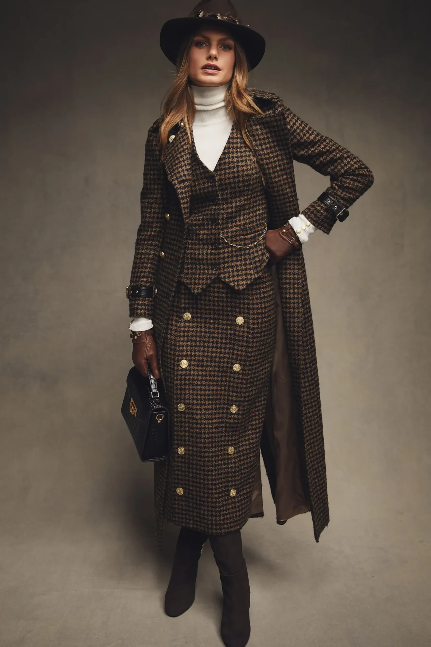 Holland Cooper Knightsbridge Maxi Skirt Chocolate Houndstooth