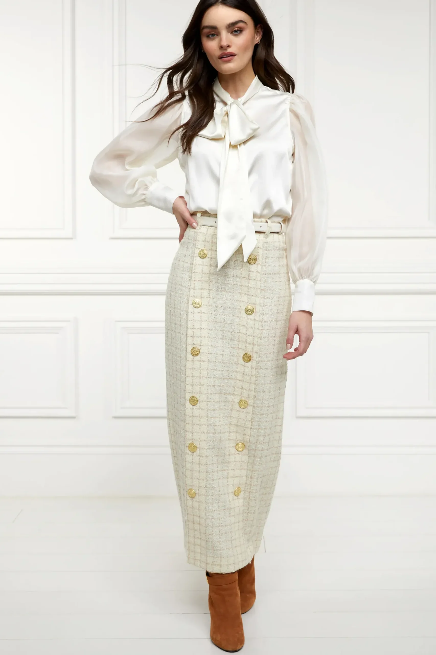 Holland Cooper Knightsbridge Maxi Skirt Ivory Sparkle Tweed