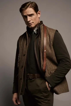 Holland Cooper Nehru Gilet Large Scale Brown Herringbone Outlet