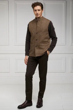 Holland Cooper Nehru Gilet Large Scale Brown Herringbone Outlet