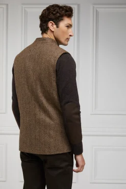 Holland Cooper Nehru Gilet Large Scale Brown Herringbone Outlet