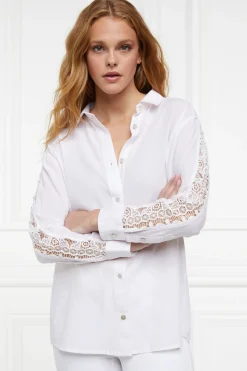 Holland Cooper Oversized Cotton Lace Shirt Pink Stripe Outlet