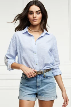 Holland Cooper Oversized Cotton Lace Shirt Tick Stripe Sky Blue