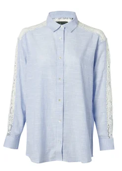 Holland Cooper Oversized Cotton Lace Shirt Tick Stripe Sky Blue