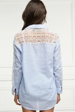Holland Cooper Oversized Cotton Lace Shirt Tick Stripe Sky Blue