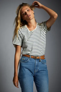 Holland Cooper Padstow Crew Neck Tee Natural Ink Navy Stripe Sale