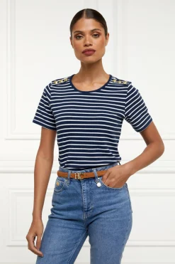 Holland Cooper Padstow Crew Neck Tee Ink Navy Natural Stripe Best