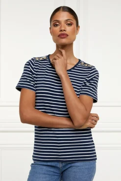 Holland Cooper Padstow Crew Neck Tee Ink Navy Natural Stripe Best