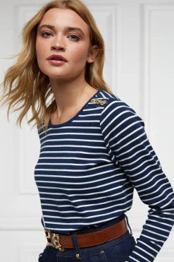 Holland Cooper Padstow Long Sleeve Crew Neck Tee Ink Navy Natural Stripe Hot