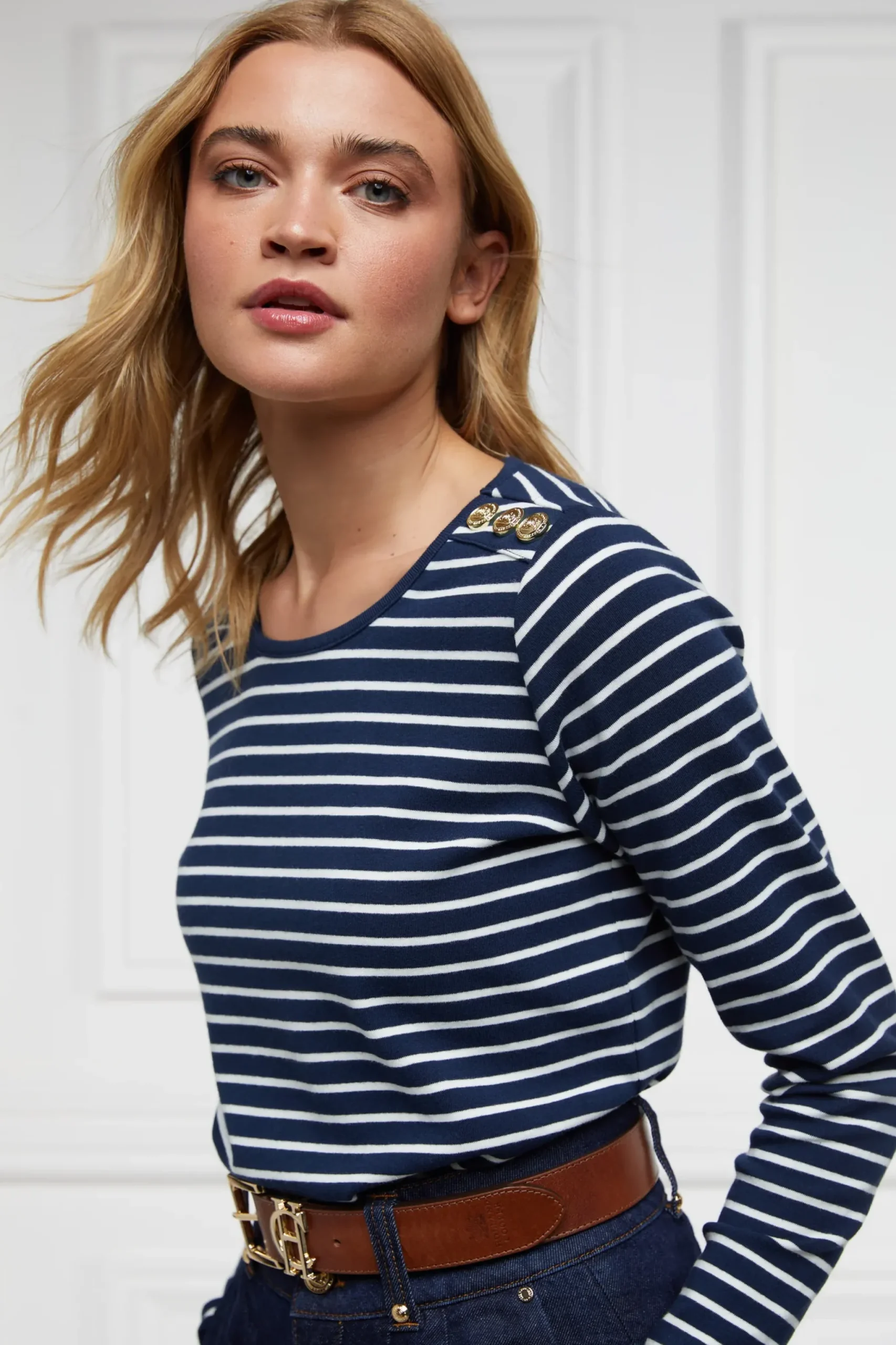 Holland Cooper Padstow Long Sleeve Crew Neck Tee Ink Navy Natural Stripe Hot