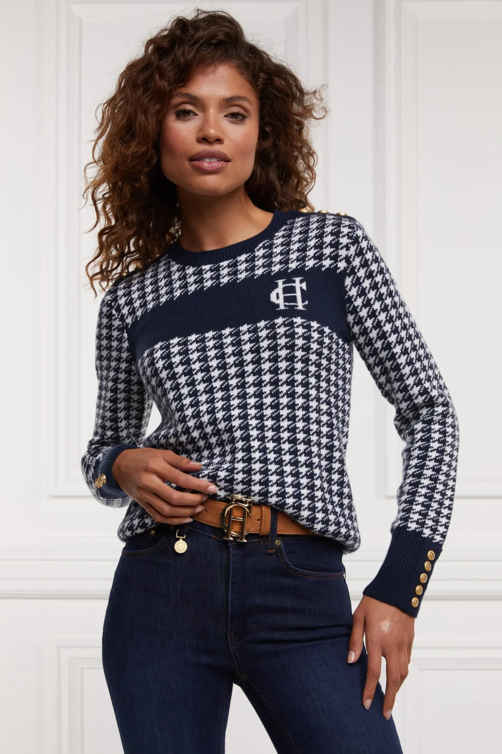 Holland Cooper Panel Crew Neck Knit Ink Navy Best
