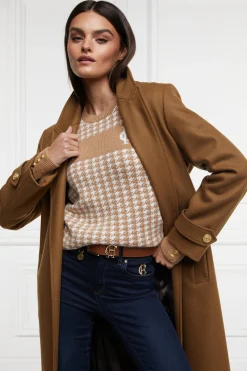 Holland Cooper Panel Crew Neck Knit Camel Houndstooth Best