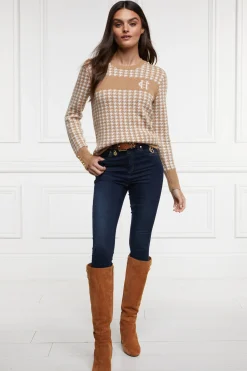 Holland Cooper Panel Crew Neck Knit Camel Houndstooth Best