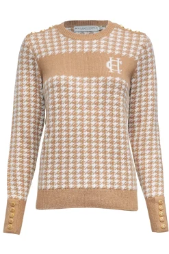 Holland Cooper Panel Crew Neck Knit Camel Houndstooth Best