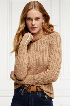 Holland Cooper Seattle Roll Neck Cable Knit Dark Camel Marl