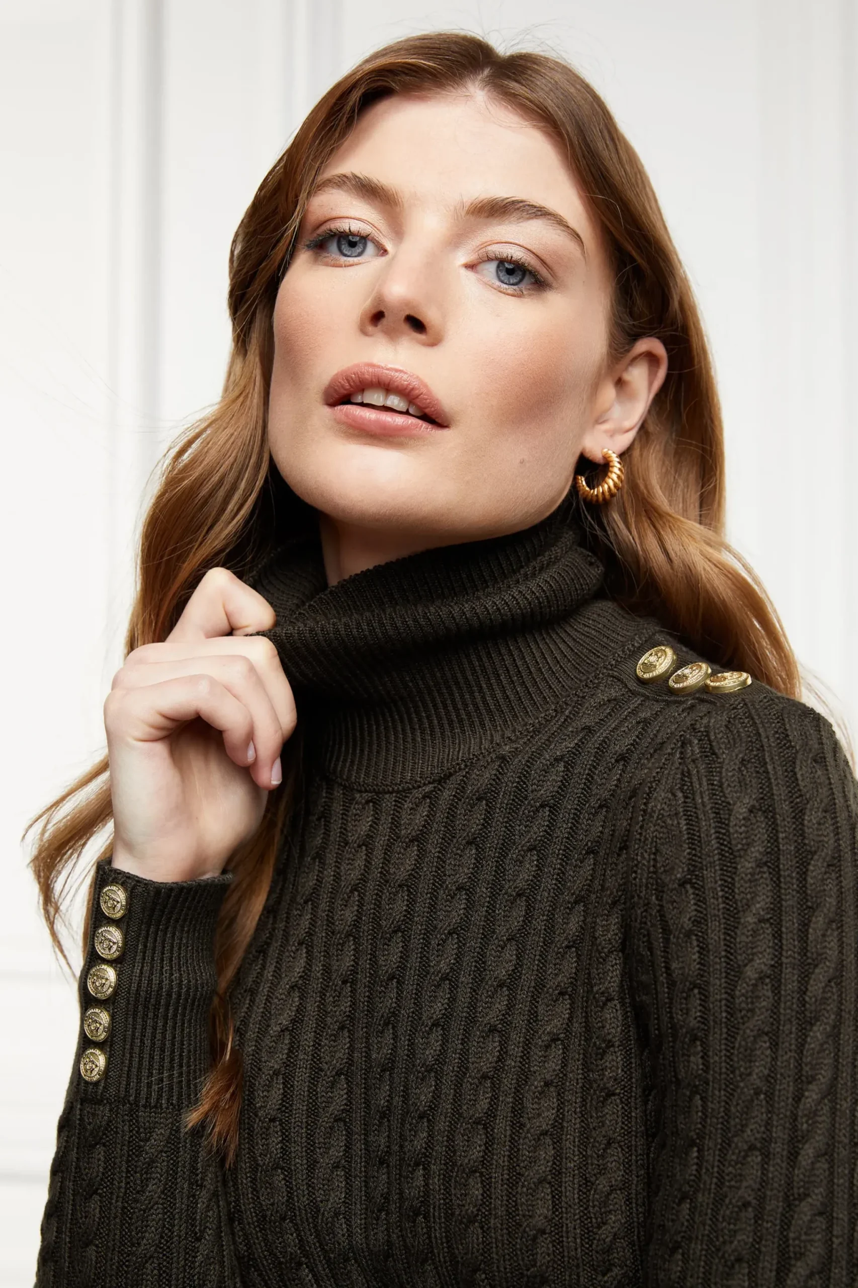 Holland Cooper Seattle Roll Neck Cable Knit Fern Green Discount