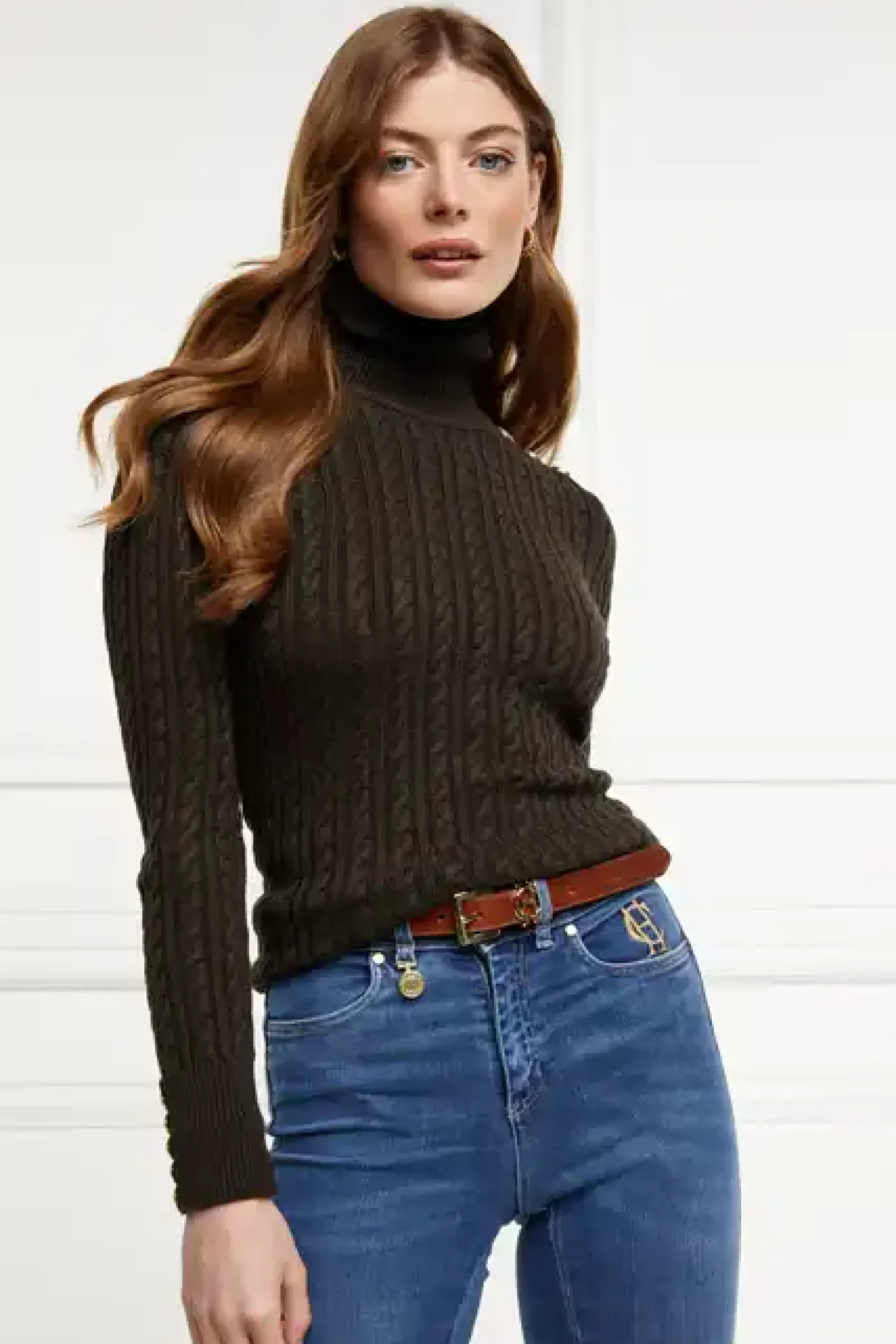 Holland Cooper Seattle Roll Neck Cable Knit Fern Green Discount