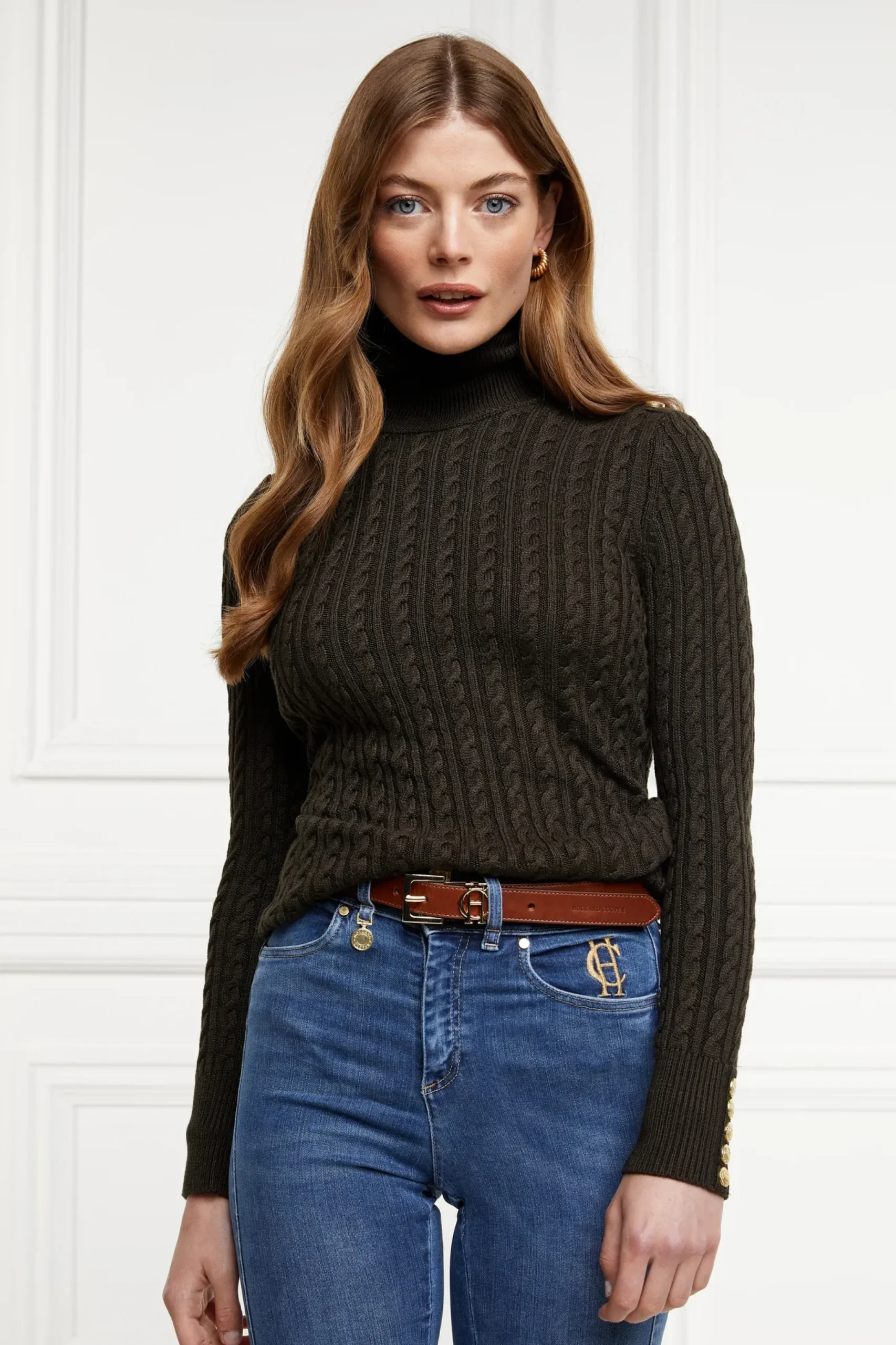 Holland Cooper Seattle Roll Neck Cable Knit Fern Green Discount