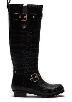 Holland Cooper Sherpa Lined Regency Wellington Black Croc