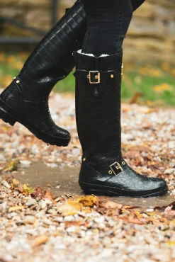 Holland Cooper Sherpa Lined Regency Wellington Black Croc