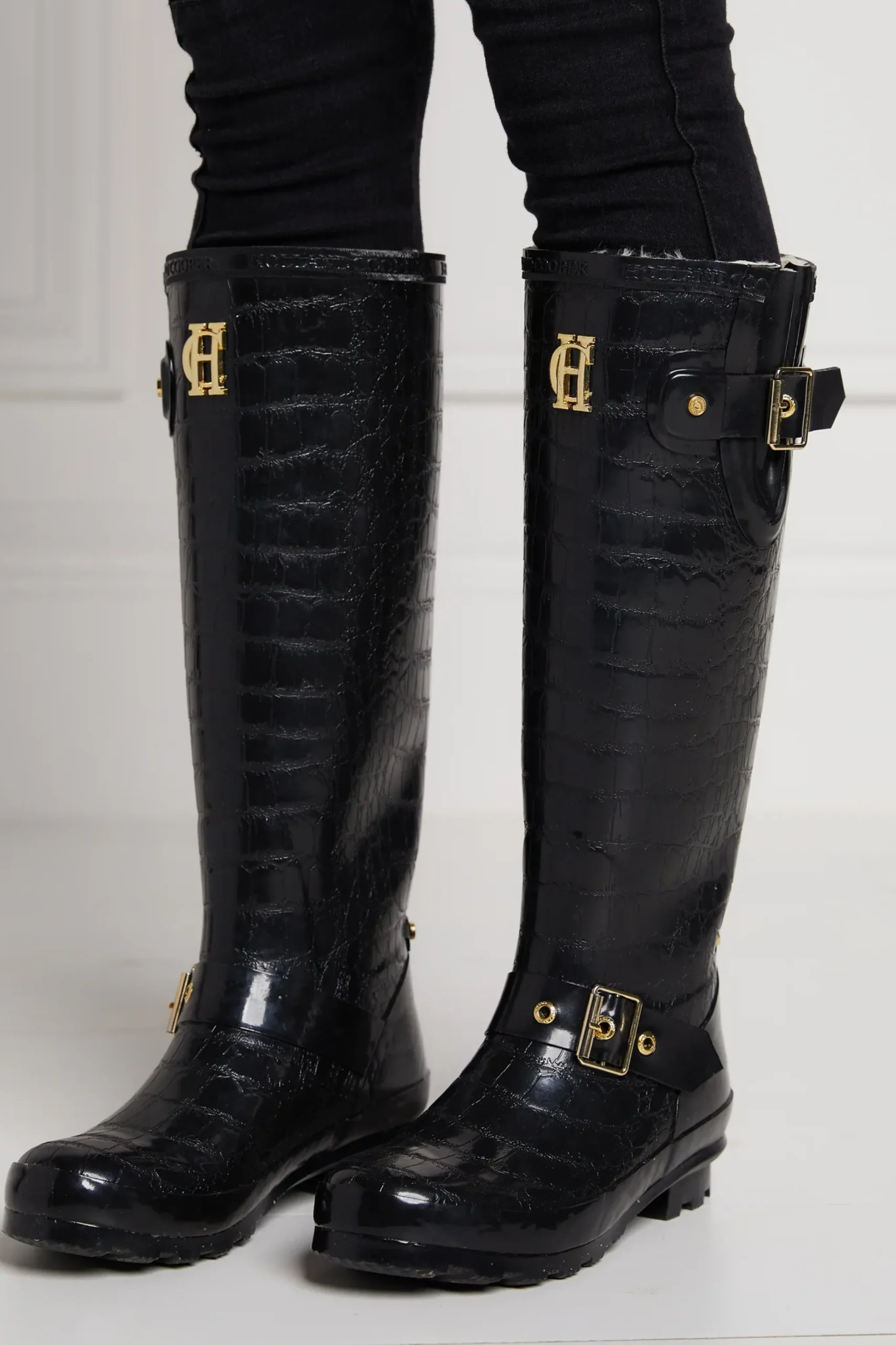 Holland Cooper Sherpa Lined Regency Wellington Black Croc